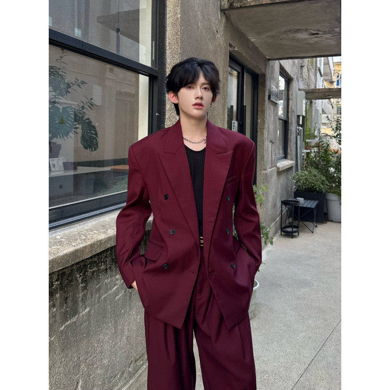 秋季复古高级感酒红色双排扣西装套装男痞帅气质男模阔腿长裤一套