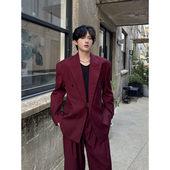 男痞帅气质男模阔腿长裤 套装 一套 复古高级感酒红色双排扣西装 秋季