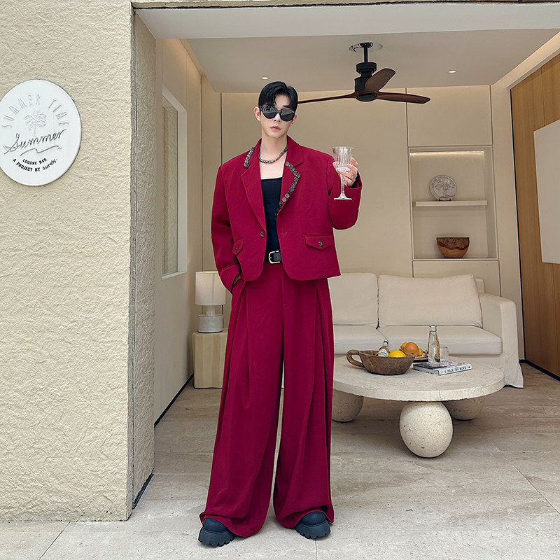 秋季复古气质手工不规则银扣装饰短款西装套装男阔腿长裤两件套潮