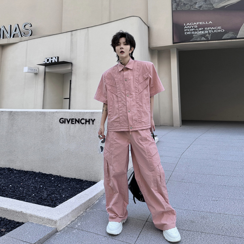 여름 틈새 주름 구조 분할 반팔 재킷 정장 남성 디자이너 작업복 넓은 다리 바지 투피스 트렌디 세트