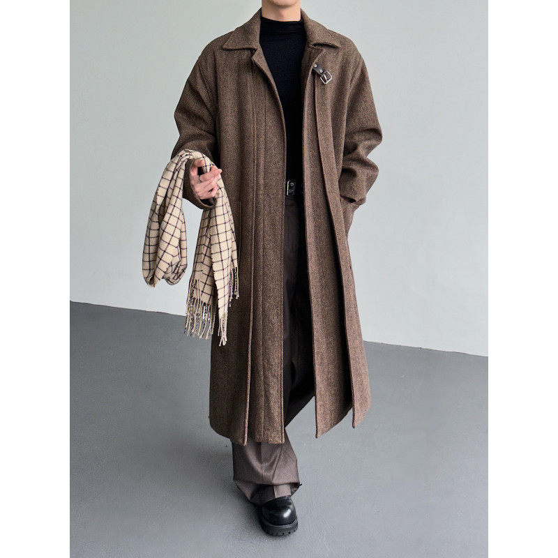 秋冬老钱风羊毛复古人纹呢子大衣外套男长款过膝拼接设计毛呢风衣
