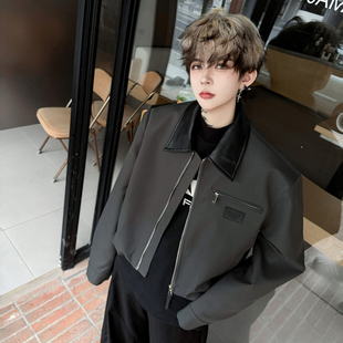 秋冬cleanfit美式复古巴恩风短款夹克男高级感痞帅拼皮飞行服外套