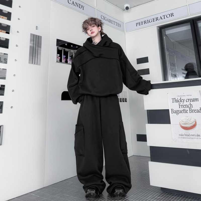 冬装美式高街解构毛边连帽套头卫衣套装男高级感痞帅口袋阔腿长裤