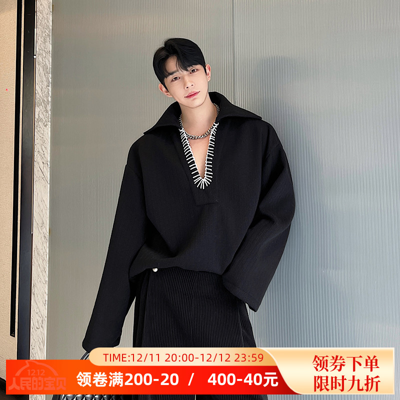 秋冬设计师款老钱风重磅针织撞色V领编织绳装饰卫衣男设计感上衣