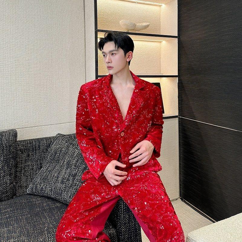 时尚高级感亮片演出舞台装男装dj短款不对称下摆西服酒吧炸街外套