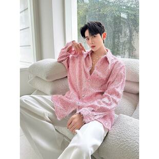 春季个性时尚粉色流苏长袖衬衫男复古休闲设计感演出舞台网红衬衣