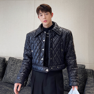 高级感短款棉衣男气质冬季个性菱形格加厚轻奢百搭棉袄韩版外套潮