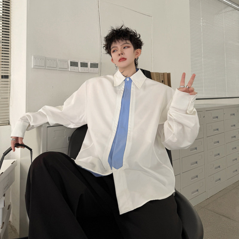 韩系穿搭休闲长袖衬衫男撞色领带设计高级质感帅气廓形衬衣打底衫