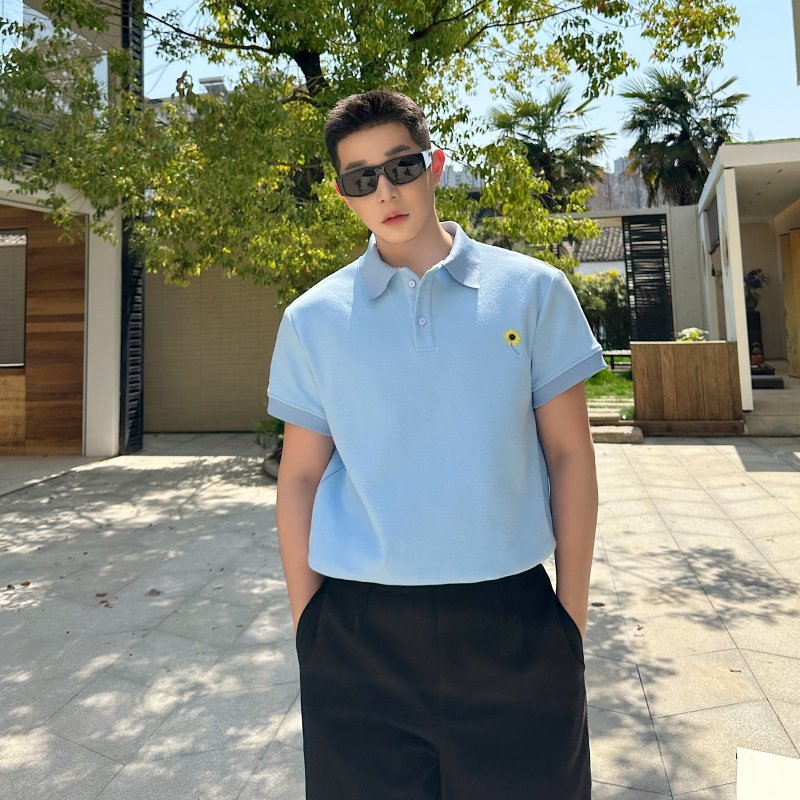 夏季小清新菊花刺绣简约POLO衫男士套头休闲复古洋气情侣上衣T恤