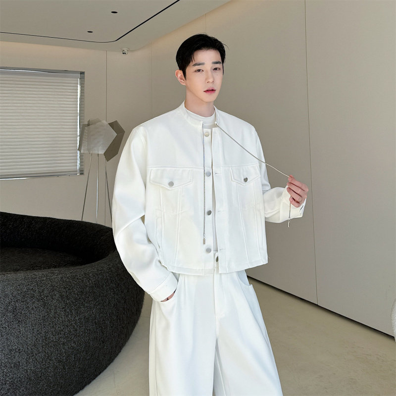 春装小立领休闲短款夹克套装男设计金属链条装饰网红阔腿西裤一套