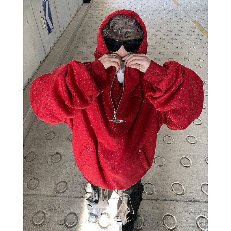 春季小众设计款潮牌闪片垫肩新年红色战袍卫衣男高领拉链上衣外套
