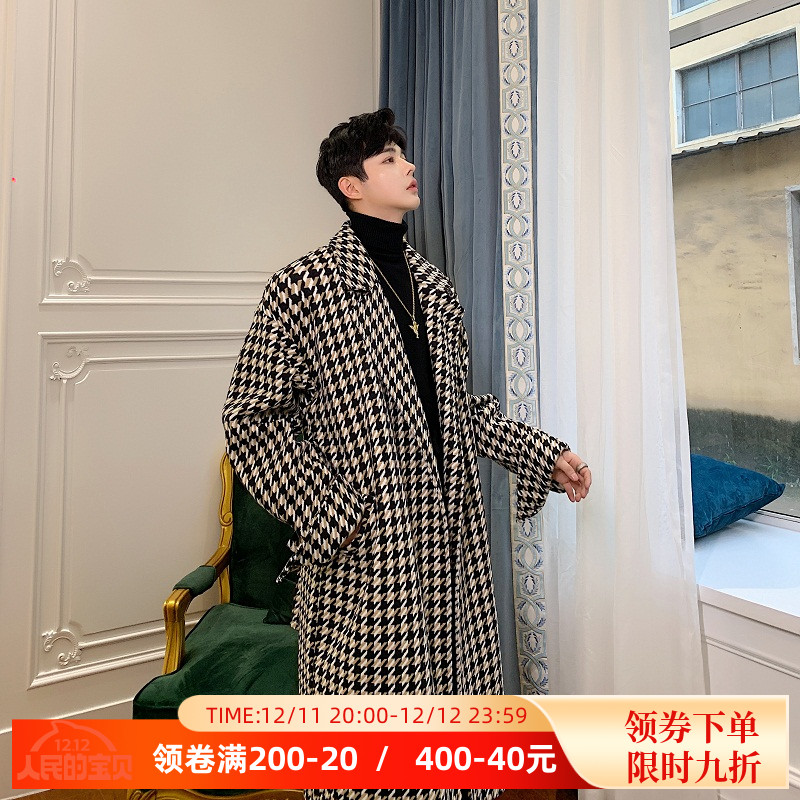 秋冬复古千鸟格毛呢大衣男士长款