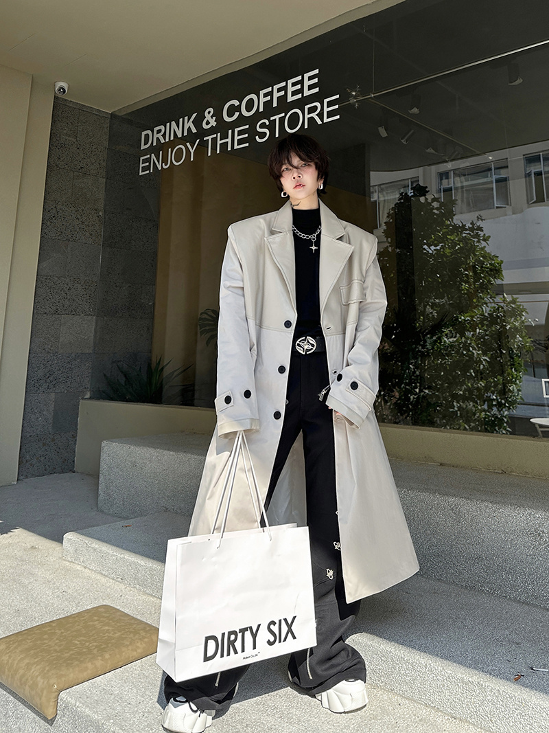 秋冬小众解构PU皮拼接设计风衣男韩版单排扣长款过膝痞帅大衣外套