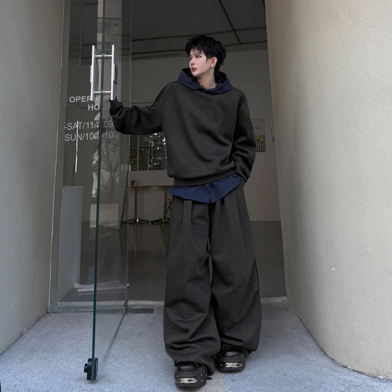 春秋复古美式潮牌宽松休闲格子拼接连帽卫衣套装男阔腿长裤两件套
