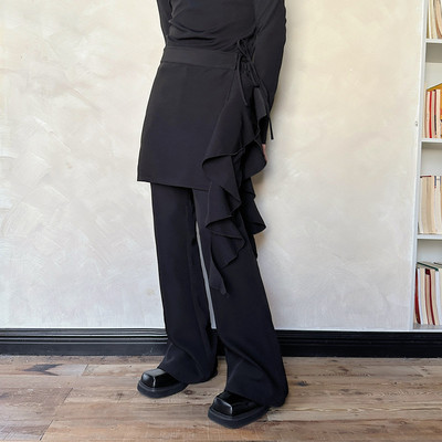 秋季小众设计感可脱卸多层皱褶裙摆休闲裤男女直筒拖地西裤发型师