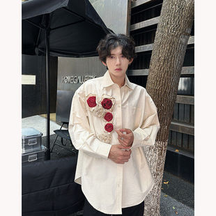 春夏新款 男長袖 寬松時尚 設計感小眾襯衣 立體手工燃燒玫瑰婚禮襯衫