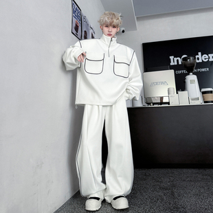 两件套 街头运动立领异色包边套头卫衣男宽松休闲长裤 2025秋装 美式