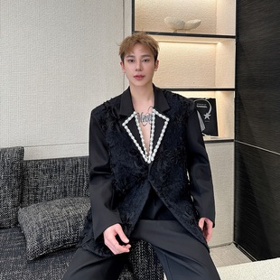 走秀设计款 外套男痞帅高级感西服 轻奢立体提花手工珍珠领绣花西装