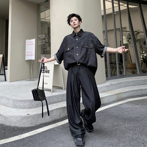 2024夏装韩国东大门天丝牛仔短袖衬衫套装高级感牛仔长裤两件套潮
