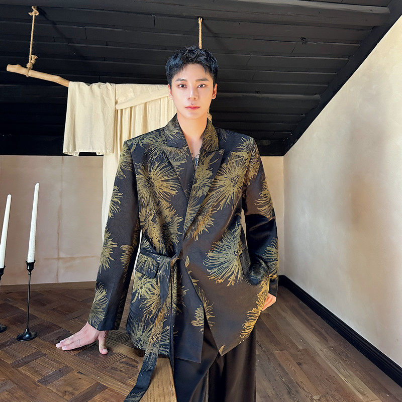 秋季复古小众细闪印花雅痞西装外套男高级感绑带时尚洋气垫肩西服