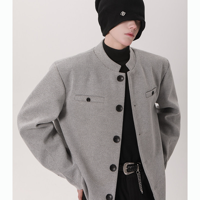 浅灰色cleanfit毛呢西装小香风外套男韩版垫肩立领休闲呢子夹克短