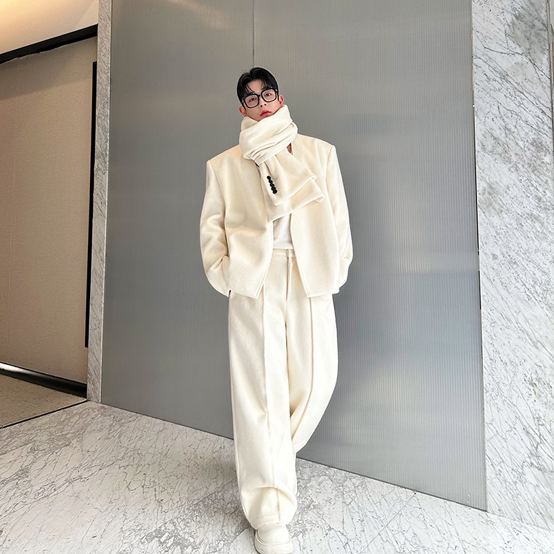 秋冬款重磅羊毛呢气质休闲无领西装围脖时尚三件套装韩版直筒长裤