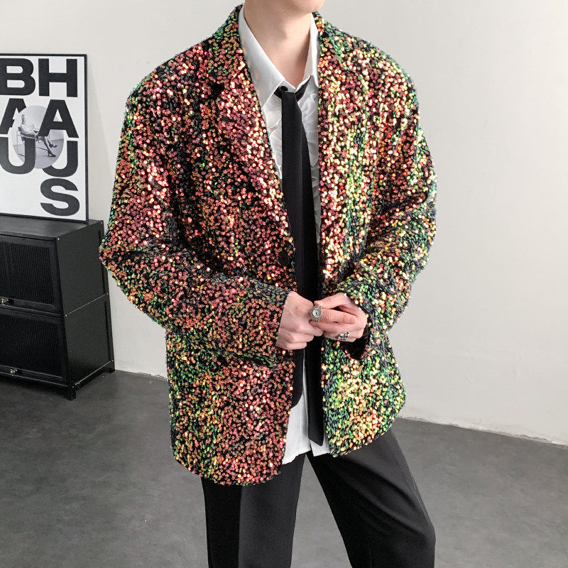 2026春装闪闪亮珠片彩色晚会年会舞台装男演出服西装夜店歌手外套
