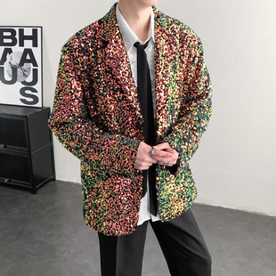 2026春装闪闪亮珠片彩色晚会年会舞台装男演出服西装夜店歌手外套