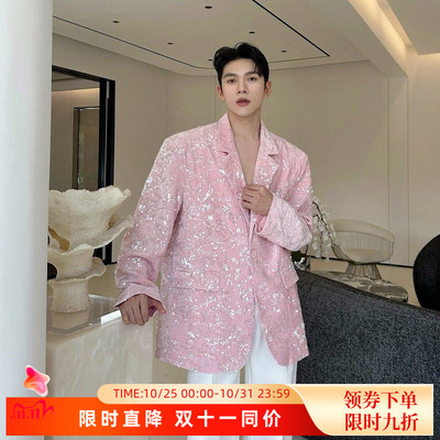 秋装时尚丝绒亮片垫肩宽松休闲西服外套男高级感宴会舞台礼服西装