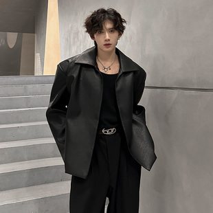 秋装复古高级感痞帅无扣极简风PU皮衣外套男阔肩版雅痞机车短夹克