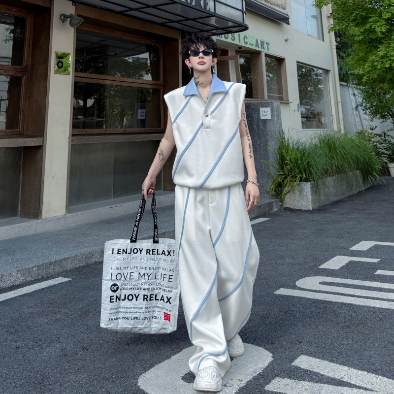 夏装韩版撞色斜条纹包边设计感无袖背心套装休闲运动阔腿长裤一套