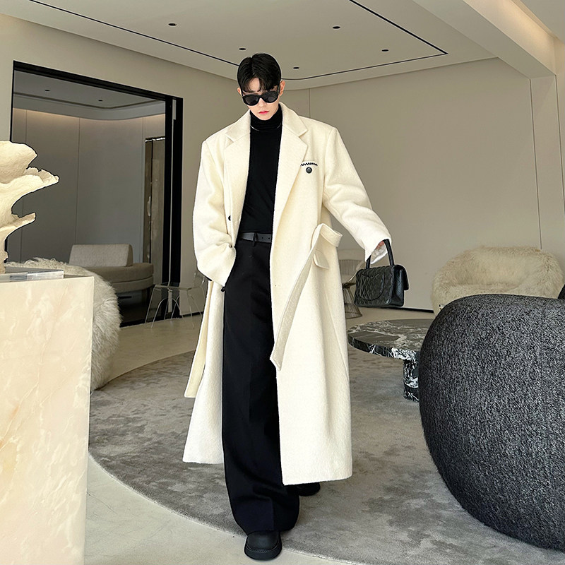 冬装韩版设计师重磅加厚系带刺绣羊毛呢大衣男中长款过膝风衣外套