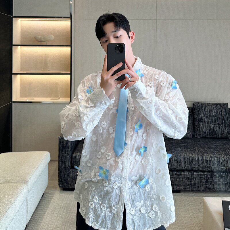 立体蓝蝴蝶花朵刺绣设计感长袖衬衫男微透薄款演出舞台衬衣送领带