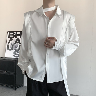 秋装小众珍珠时尚飘带设计感长袖衬衫男正肩中性演出舞台白色衬衣