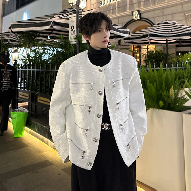 秋冬时尚多拉链吊饰装饰设计感小众休闲亮片夹克男轻奢小香风外套