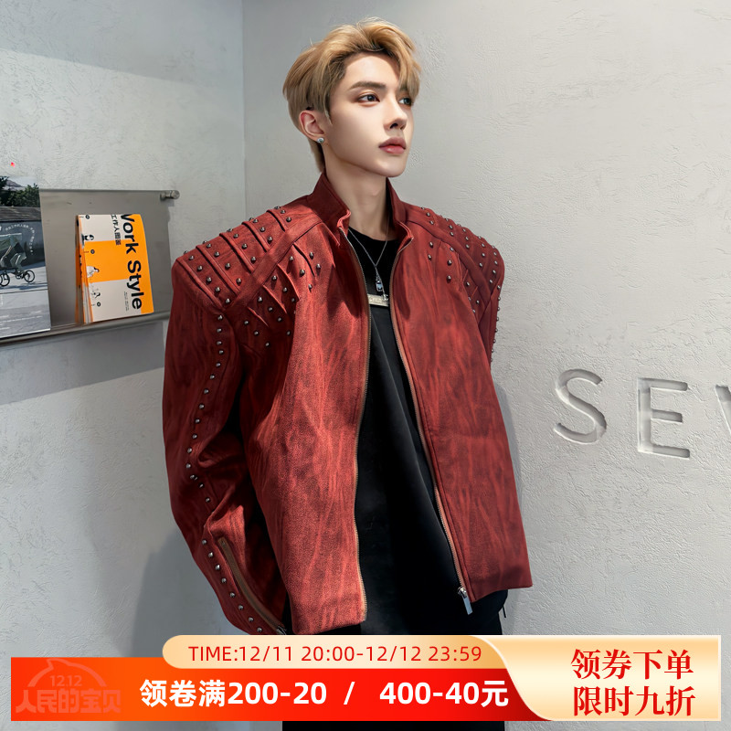 秋季复古小众先锋朋克短款垫肩皮夹克外套男模穿搭高级感廓形正肩