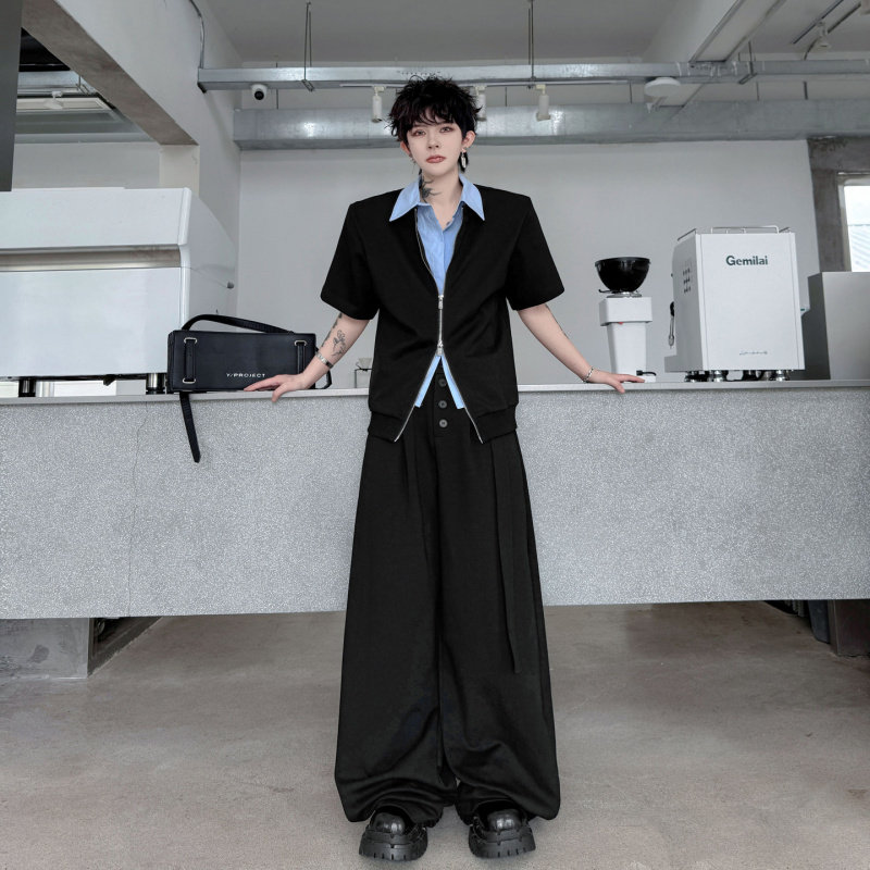 夏装高级感开衫假两件拼接短袖卫衣套装男阔腿长裤韩系穿搭一套潮