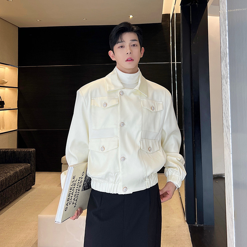 가을 하이 엔드 새틴 작은 향기 스타일 어깨 패드 재킷 남자의 많은 주머니 한국 스타일 기질 탑