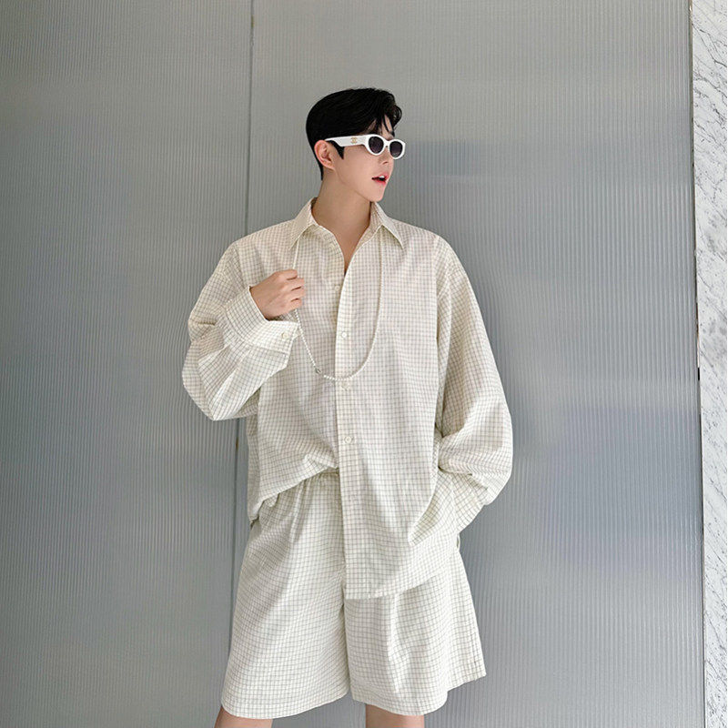 24SS 초가을 디자인 수직 컷 오버 사이즈 프로필 체크 무늬 셔츠 정장 남성 반바지 게으른 스타일 투피스 트렌디 세트