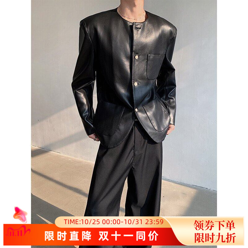 高级感cleanfit无领修身西装外套男春秋PU皮衣痞帅垫肩机车夹克潮