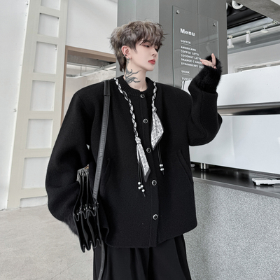 2025秋冬款禁欲系复古丝巾装饰宽松开衫毛衣外套男加厚高级感针织