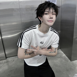 夏季小众无性别内搭上衣三条杠插肩袖T恤超短款辣弟风修身打底衫