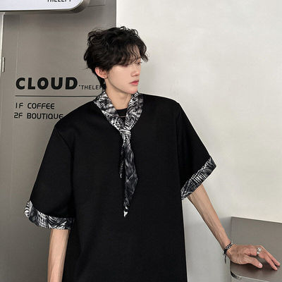 韩版垫肩豹纹小翻边丝巾可拆卸短袖t恤男男模穿搭上衣痞帅五分T恤