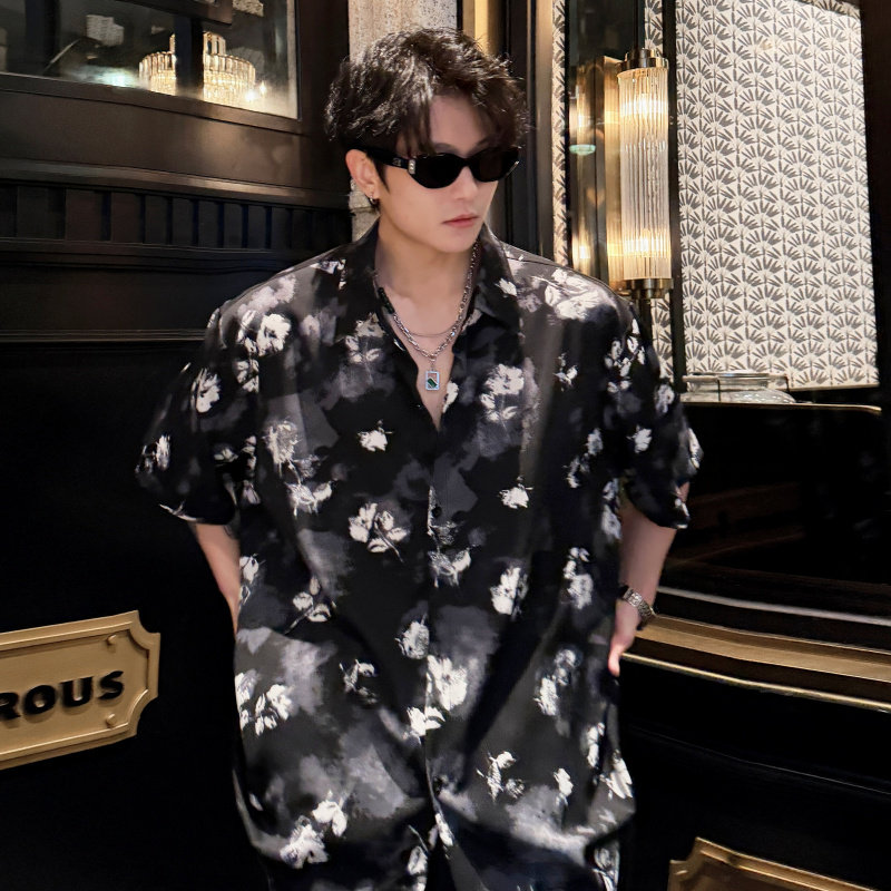 夏季小众设计感复古碎花短袖衬衫男扎染水墨高级感痞帅垂坠衬衣潮