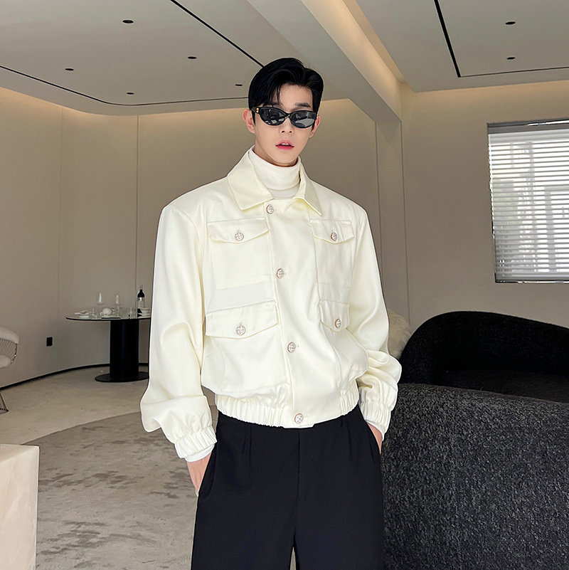 가을 하이 엔드 새틴 작은 향기 스타일 어깨 패드 재킷 남자의 많은 주머니 한국 스타일 기질 탑