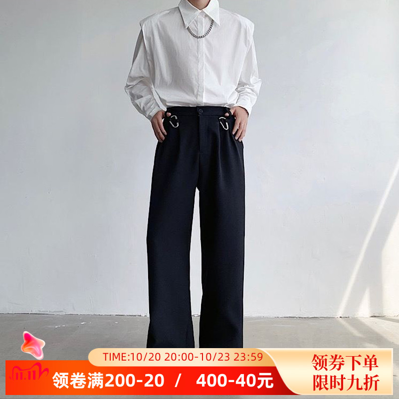 春季小众设计感垂感直筒西装裤男士高级感挂扣设计休闲裤宽松阔腿