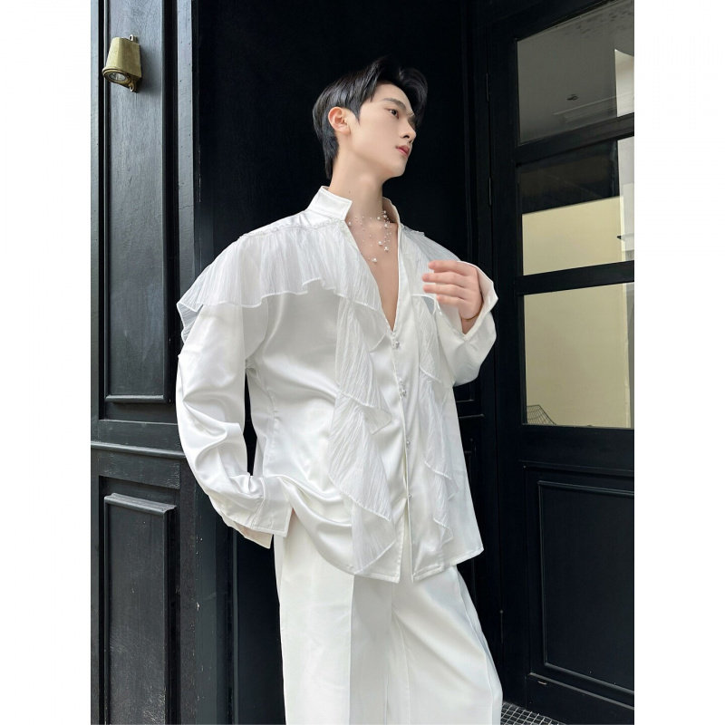 法式小众宫廷风V领飘纱拼接设计感长袖衬衫气质网红演出舞台衬衣
