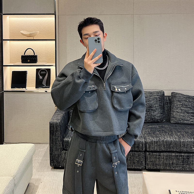 秋冬韩版立体口袋半拉链空气层立领卫衣男套装高级阔腿裤两件套