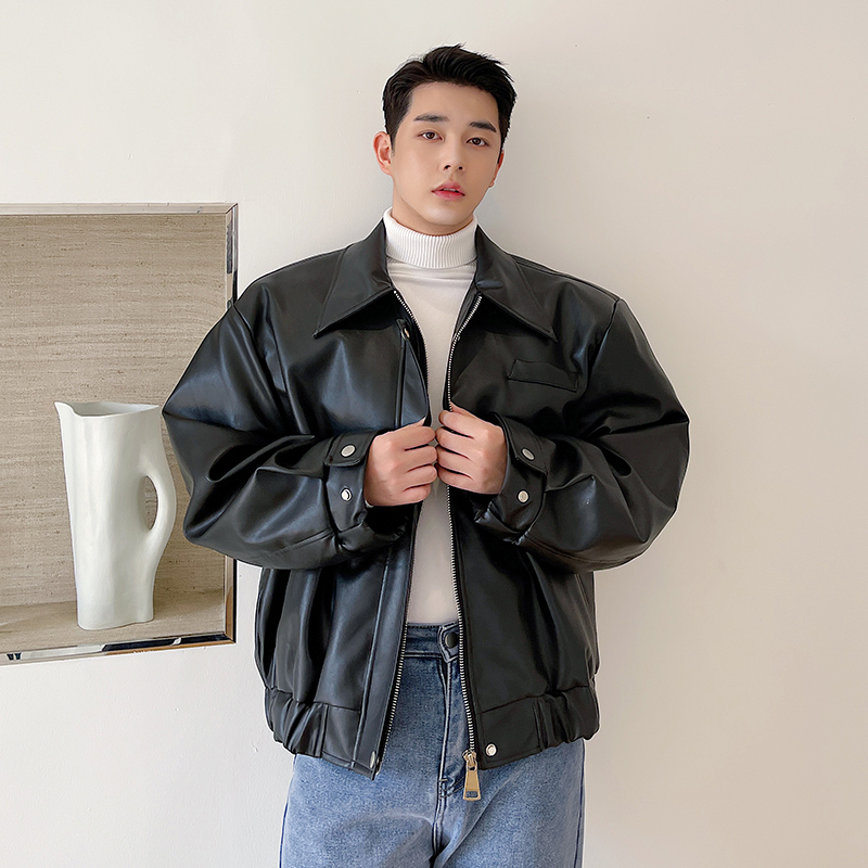 炸街皮夹克男短