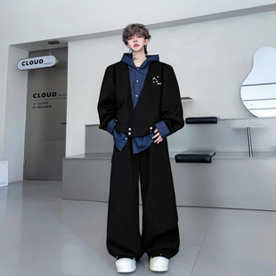 潮 男高级感阔腿长裤 2025秋冬小众衬衫 拼接撞色假两件连帽卫衣套装
